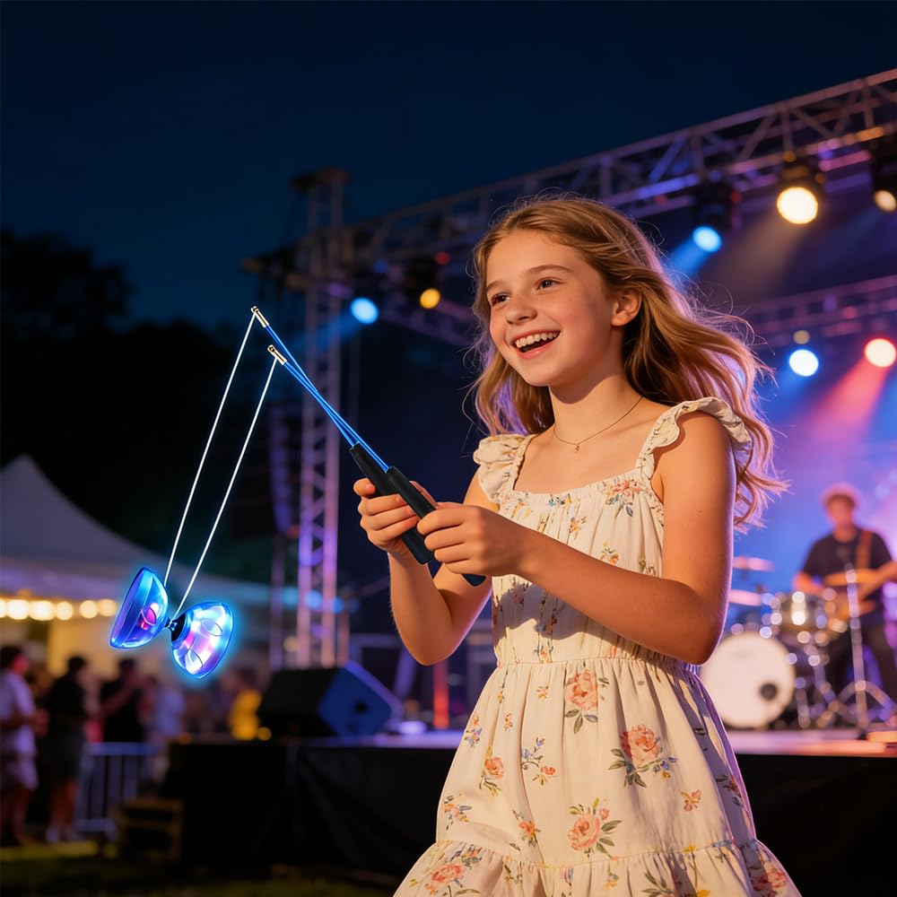 LED Diabolo mit Kugellager, LED Diabolo Freiläufer Blinkendes Dreifache, Lagerung Set mit Ersatzseil 10m, Profi-Stange, Netzbeutel, Licht D-iabolo für Kinder, Erwachsene, Anfänger und Profis
