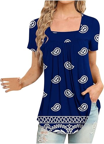 Summer Tops for Women Square Neck Short Sleeve Shirts Pleated Long Tunic Tops to Wear with Leggings Loose Fit Blouse