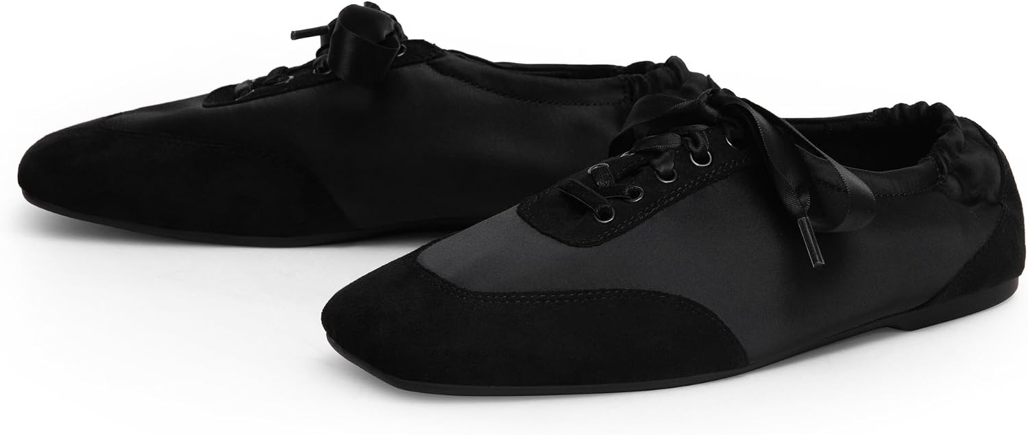 Adolilove Sneakers for Women Square Toe Ballet Inspired Flats Lace Up Comfortable Lightweight Walking Tennis Shoes