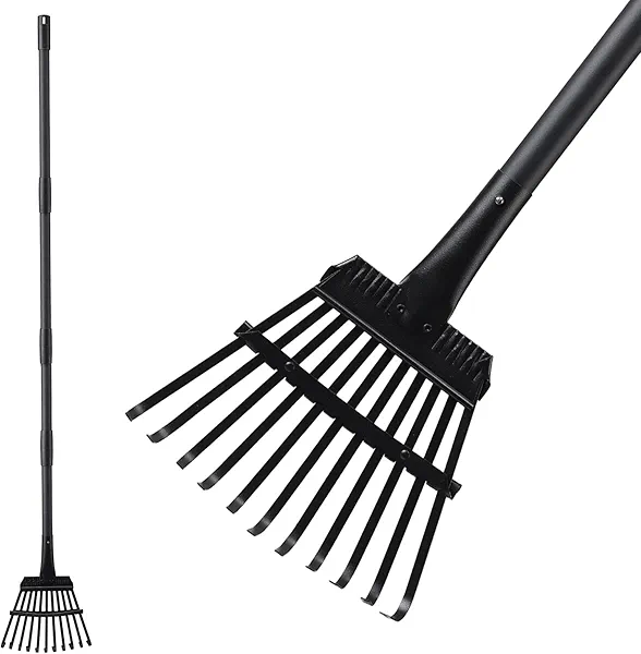 Small Rake for Leaves, 11 Metal Tines Narrow Leaf Rake, 60'' Leaf Rakes for Lawns with Adjustable Steel Handle for Camping Flower Beds Mulch Shrub, Black