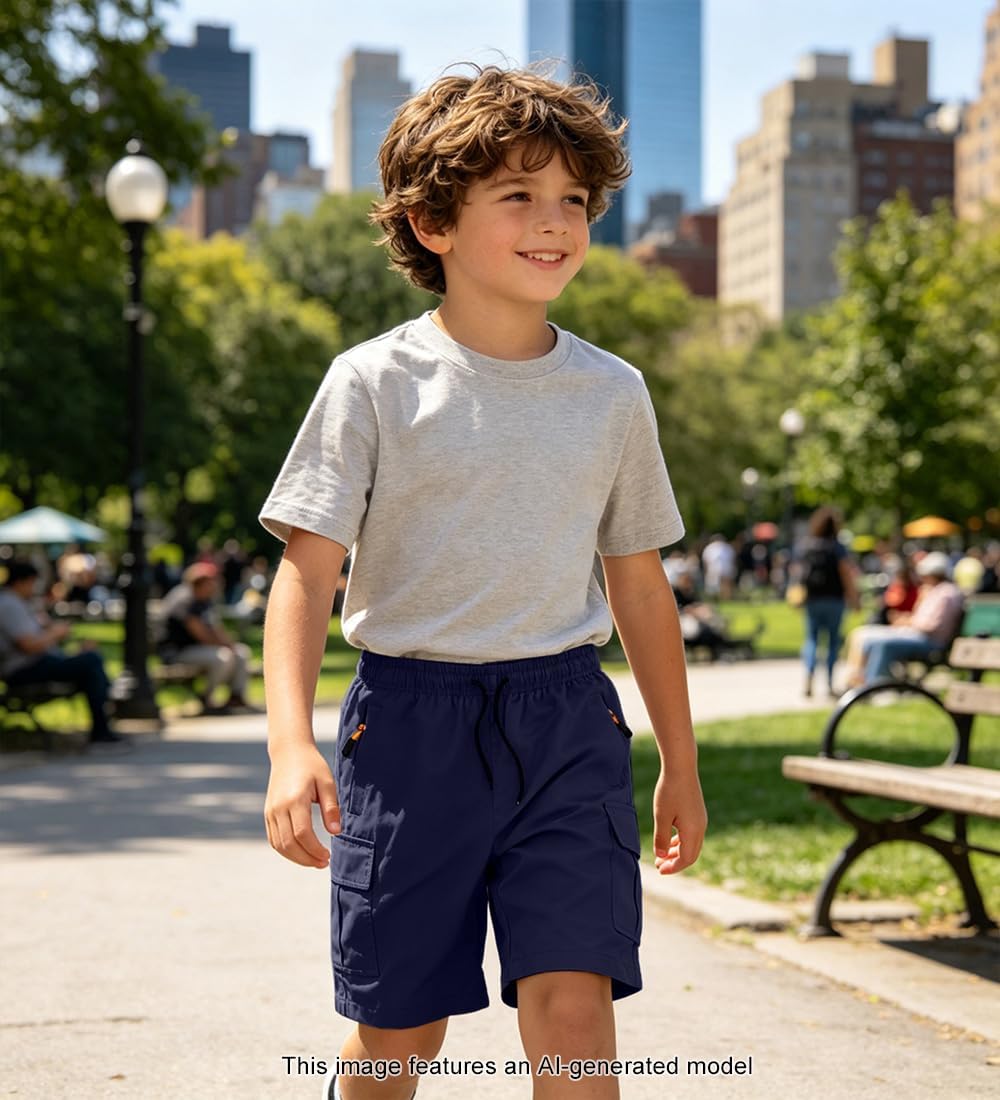 Boys Cargo Shorts Athletic Quick Dry with Zipper Pockets, 3 Pack