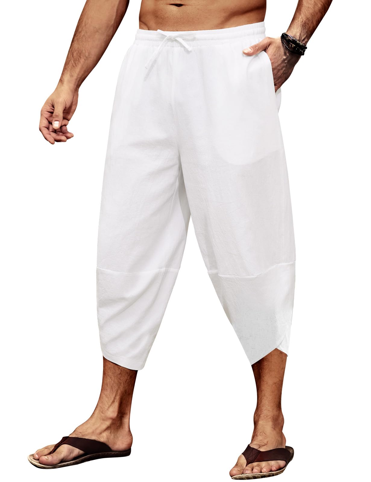 CMTOP Hose Herren Leichte 3/4 Sommerhose Baggy Freizeithose Strandhose Yoga Hose Elastische Taille Baumwolle Haremshose mit Kordelzug und Taschen