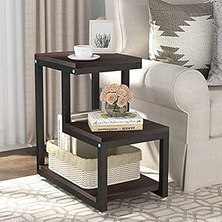 Brown Art SHOPPEE 3-Tier Sofa Side Table, Nightstands with Storage Shelf, Sturdy Metal Frame, Ladder-Shaped Chair Side Table, Tabletop Storage Shelf for Living Room or Bedroom (Black & Brown)-picture-23
