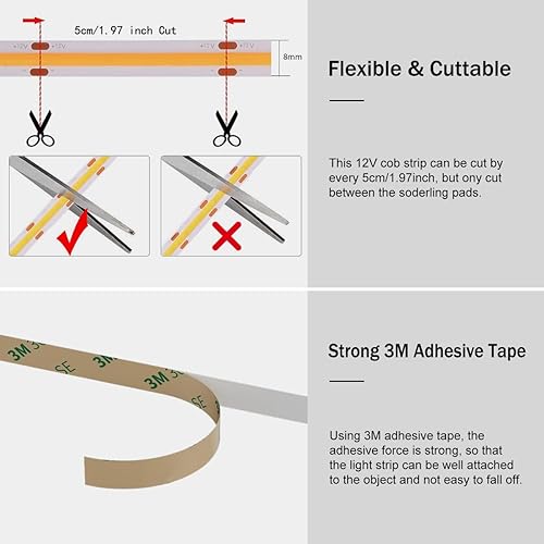 Miniatura 2 de COB - Tira de luces LED blancas de 16.4 pies, 4000 K blanco natural brillante, 12 V, 1600 LED, CRI90, cinta LED flexible para dormitorio, cocina,