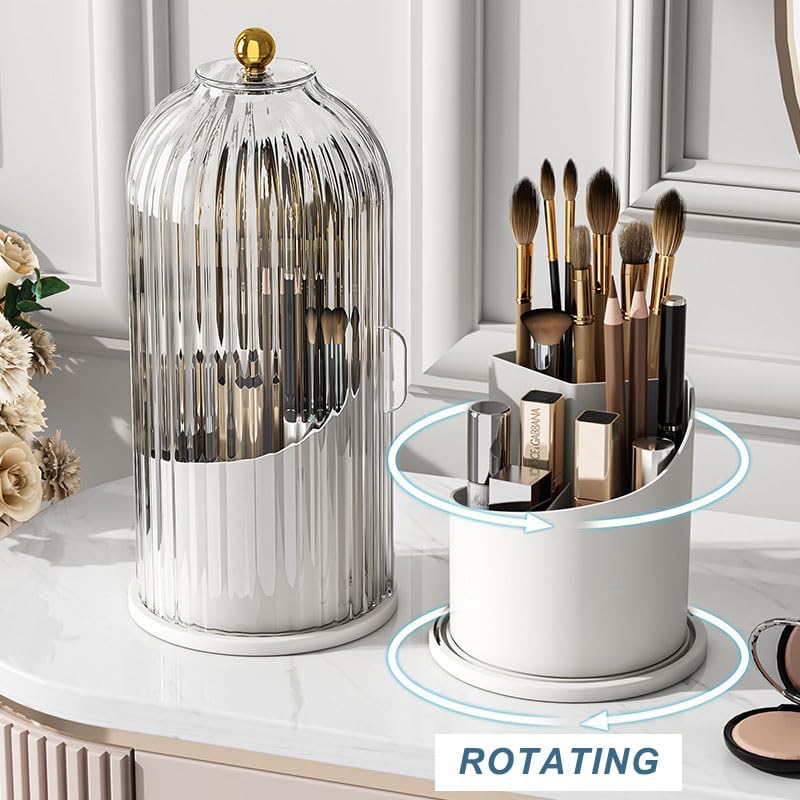 Makeup Brush Organizer with Clear Lid and Rotating Opening for Vanity