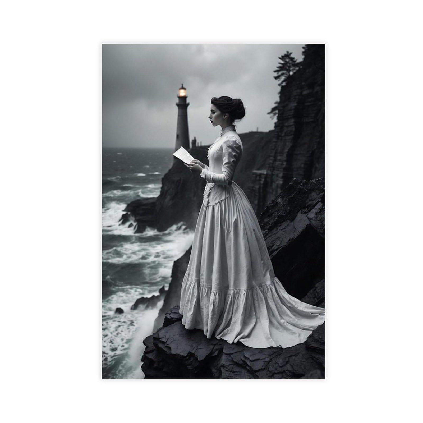WLQZFRWV Victorian Lady by Lighthouse Canvas Poster Wall Art Decor Print Picture Paintings for Living Room Bedroom Decoration 16x24inch(40x60cm)