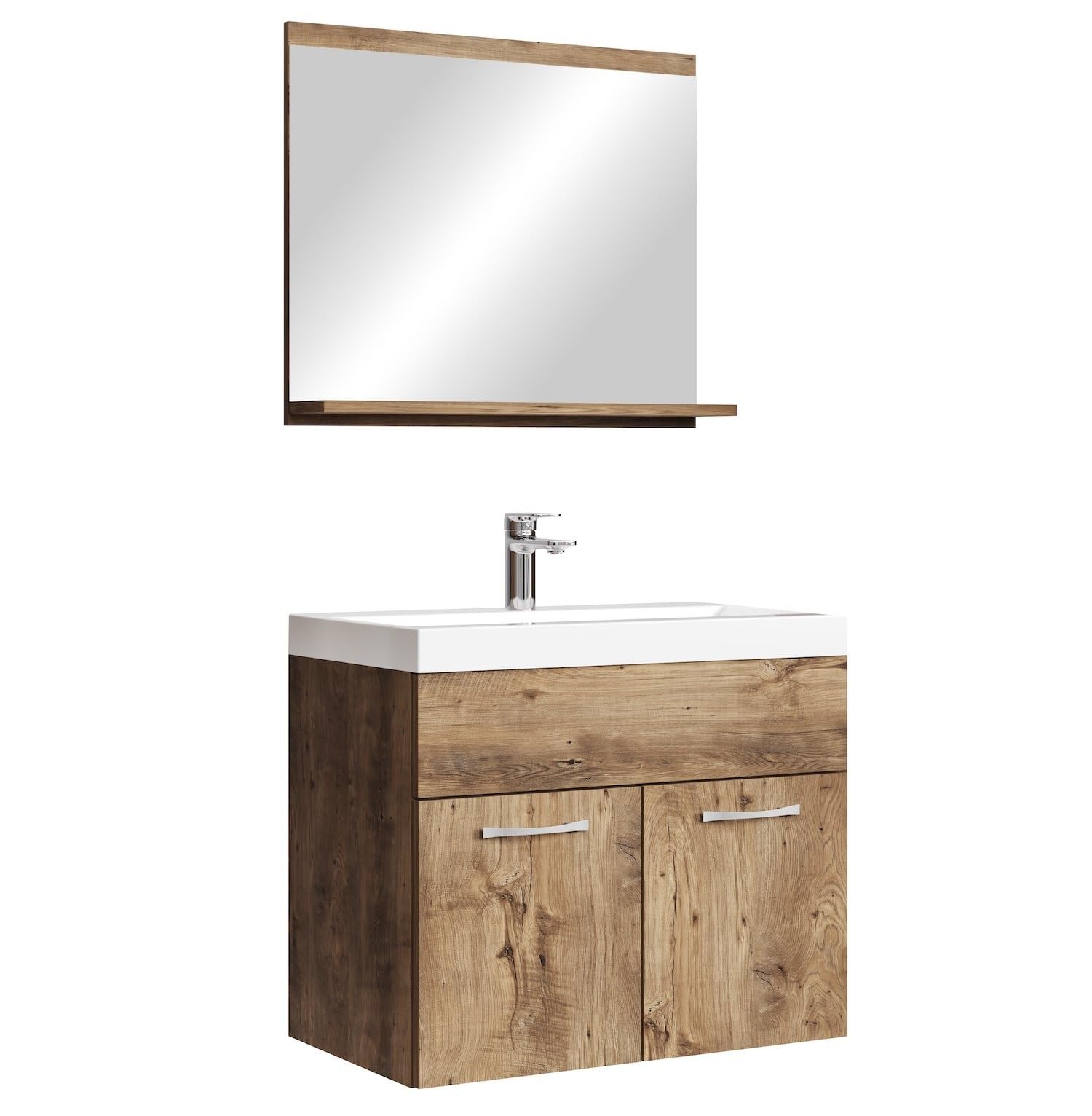 Badezimmer-Badmöbel-Set Montreal 02, 60 cm – Waschbecken aus Kunstmarmor, Unterschrank mit zwei Türen, Spiegel mit Ablagefläche
