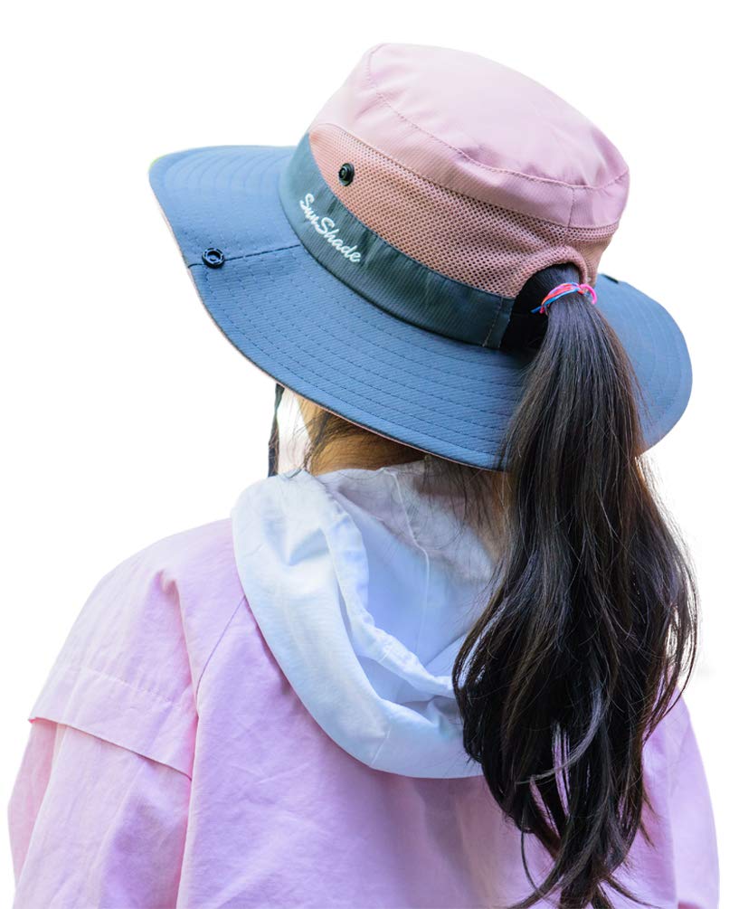 SportsWell Kids Girls UV Protection Foldable Ponytail Sun Hat Wide Brim Beach Bucket Cap