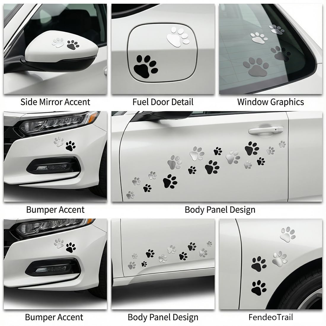 8 Pcs 3D Cromato Impronta Zampa Cane Adesivi Auto Esterni Emblema Decorativo per Auto, Moto e Scooter (Argento, Nero)