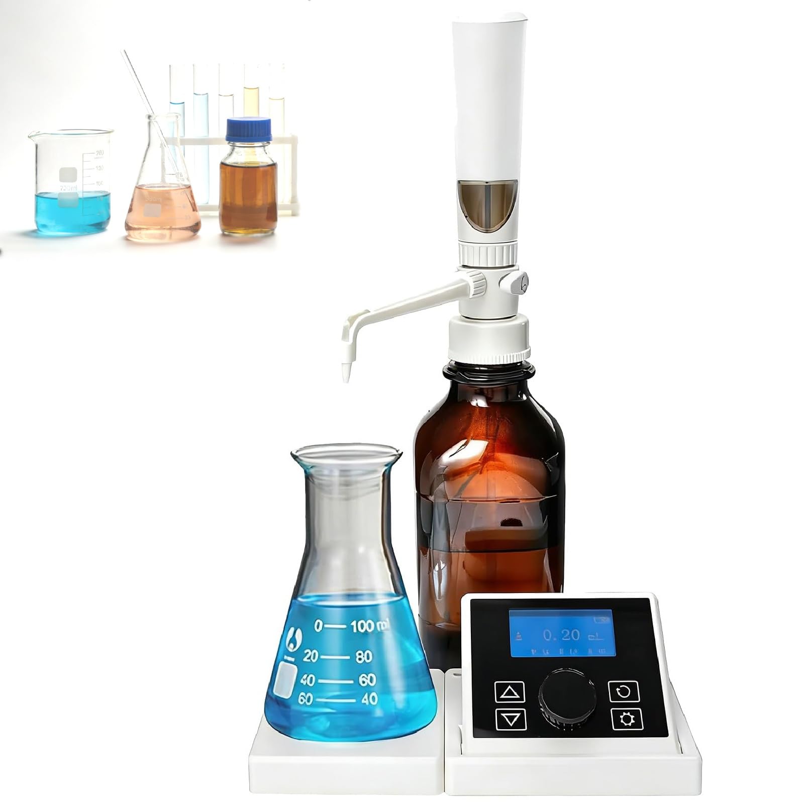 Cyfrowy dozownik laboratoryjny, polipropylenowa biuretka do precyzyjnego przenoszenia odczynników, zakres 0,01-99,99 ml, regulowana prędkość do testów przemysłowych i naukowych