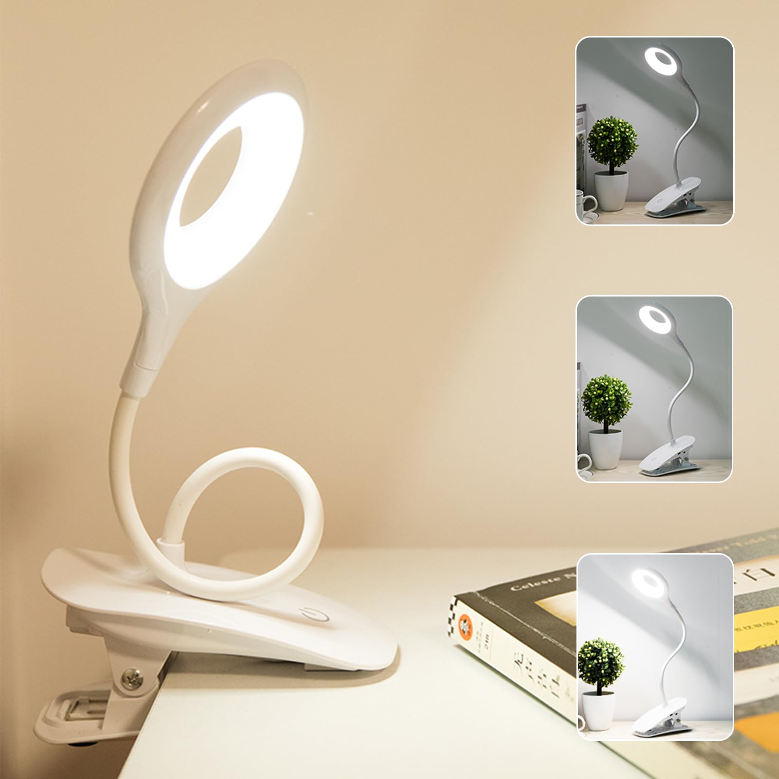 Songlypian 40CM Lampara Pinza LED, Luz de Lectura, 20 LED, 3 Niveles de Brillo, 360 °Ajuste & Protección Ocular, USB Recargable Aro de Luz Flexible para Lectura, Cama, Escritorio, Trabajar