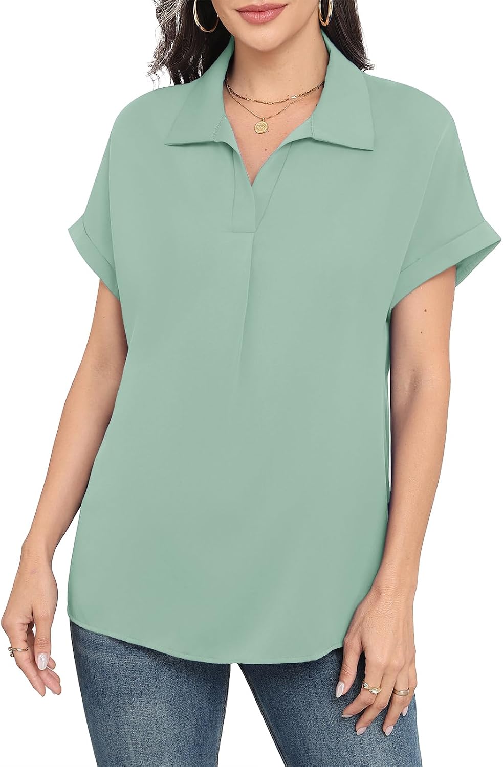 Askyes Women's V Neck Drop Short Sleeve Summer Blouses Chiffon Dressy Casual Work Shirts Tops