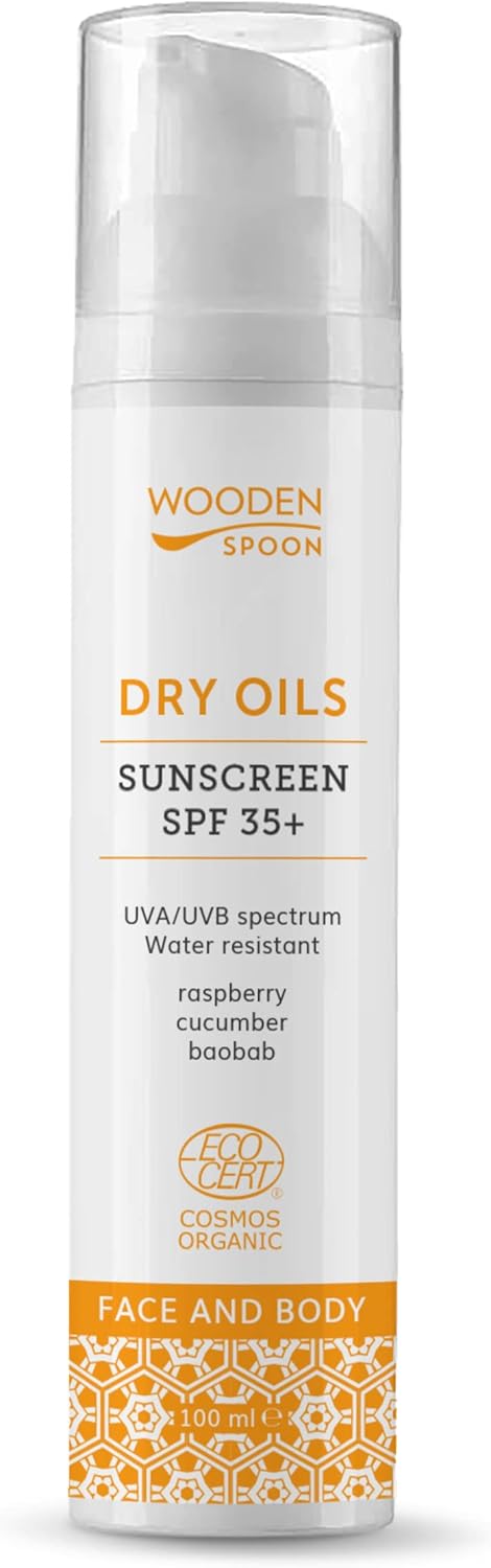 Organic gecertificeerde Sunscreen Lotion – 100 ml – 35 + SPF – “Dry Oils” – voorzijde en body – mineraalfilter alleen – met onzichtbaar zink