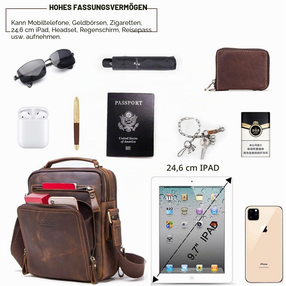 CONTACTS Men Small Leather Messenger Bag, Genuine Leather Crossbody Bag Shoulder iPad Bag Travel Handbag