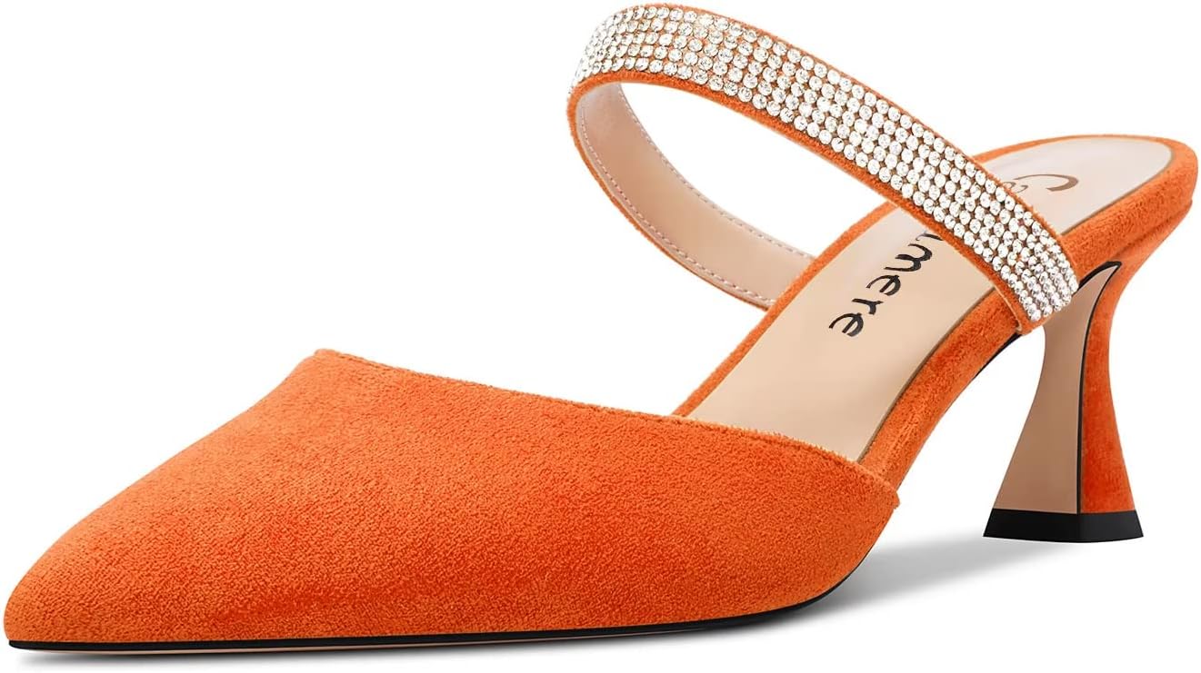Castamere Women Mid Heel Pointed Toe Slip-on Pumps Rhinestone Crystal Mules Shoes Wedding Prom 2.6 Inches Heels