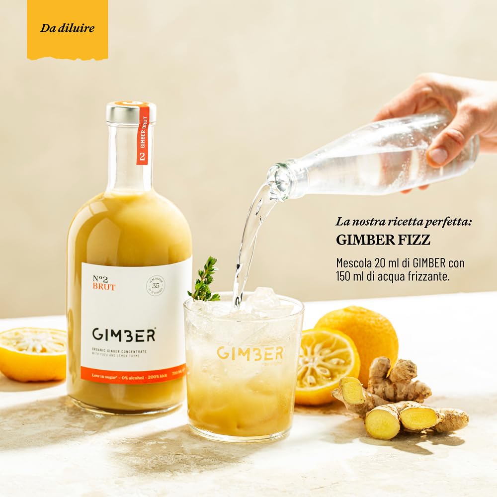 GIMBER Brut N°2 concentrato di zenzero biologico 700 ml | Bevanda analcolica biologica a base di zenzero, limone ed erbe | Estratto di zenzero premium | meno zucchero