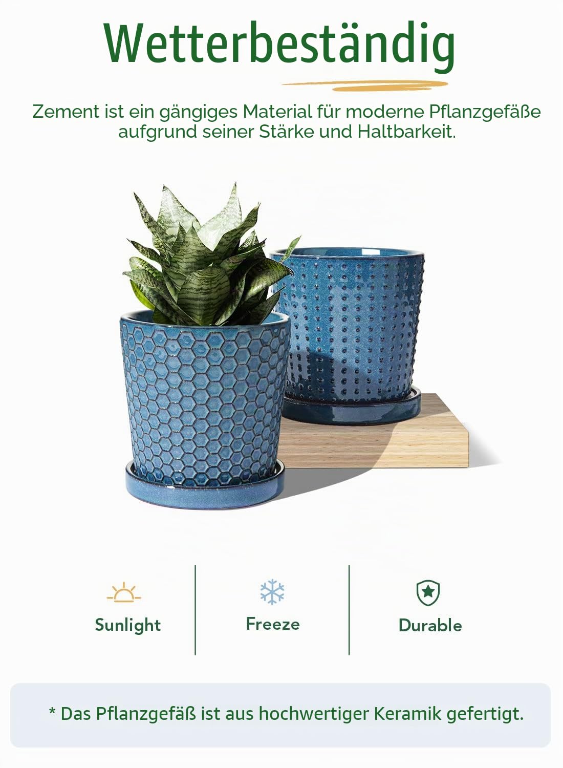 LE TAUCI Blumentopf Keramik, 13.5 cm Blumentopf für Zimmerpflanzen, Übertopf Keramik mit Abflussloch und Untersetzer, Übertopf für Sukkulenten, Bogenhanf und Kakteen, 2er-Set, Reaktivglasur Blau
