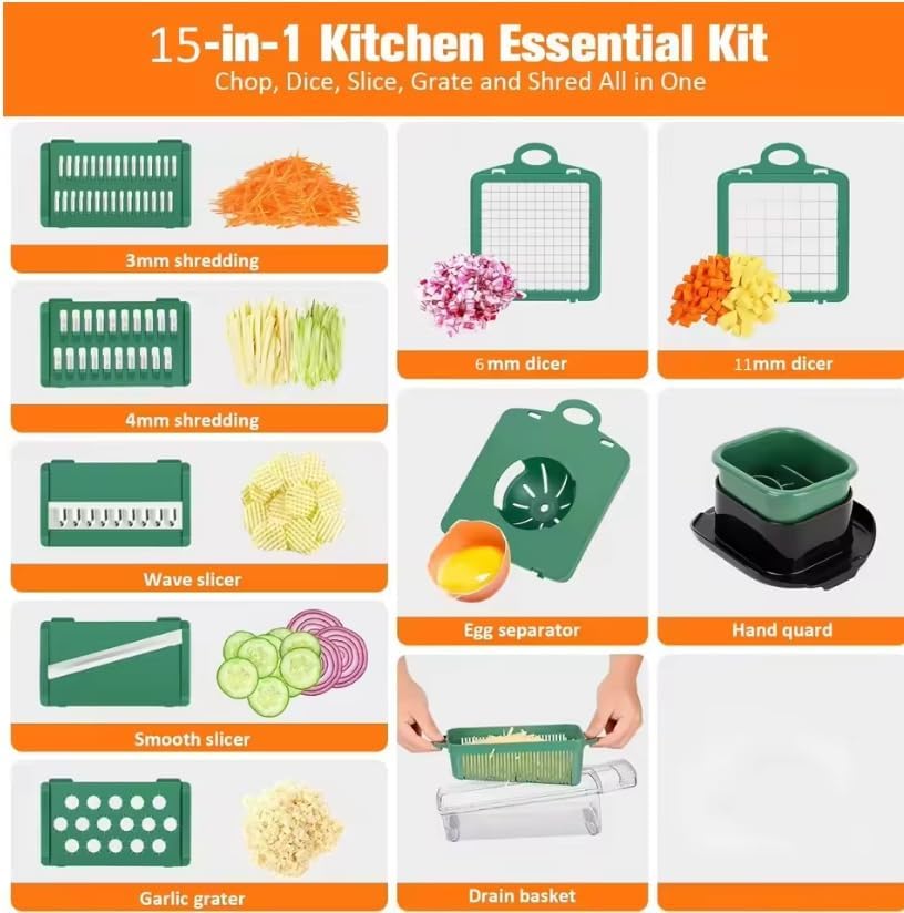 Vegetable Chopper Mandoline Slicer Multifunctional Food With 12 Blades & Container Onion Dicer Veggie Cutter For Potato Garlic Salad Kitchen Gadget 3 Colors Available(Green)
