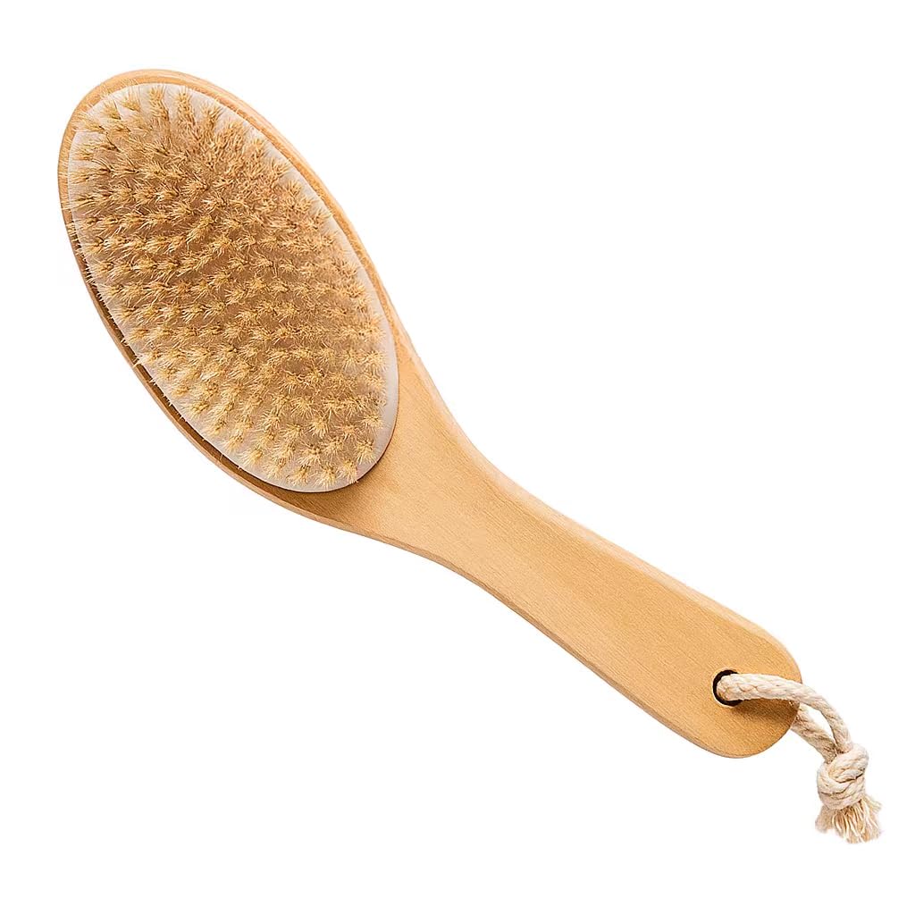 Touch Me Natural Boar Bristle Dry Body Brush with Ergonomic Wooden Handle - Exfoliates, Detoxes, Glows Skin