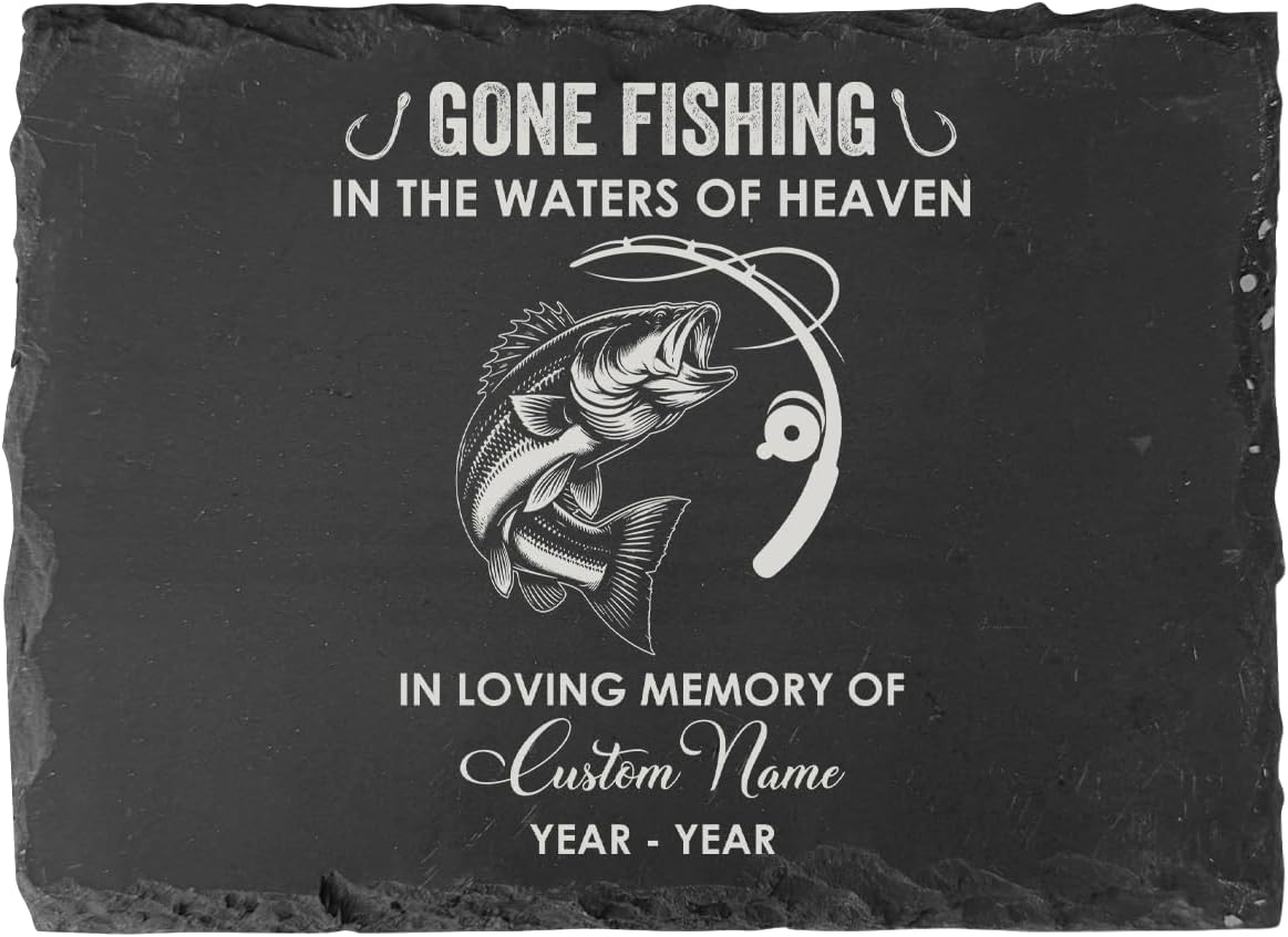 Gone Fishing Memorial Stone Customized - Sympathy Garden Stone For Loss of Fisherman Dad Husband Brother In Memory Remembrance Gift