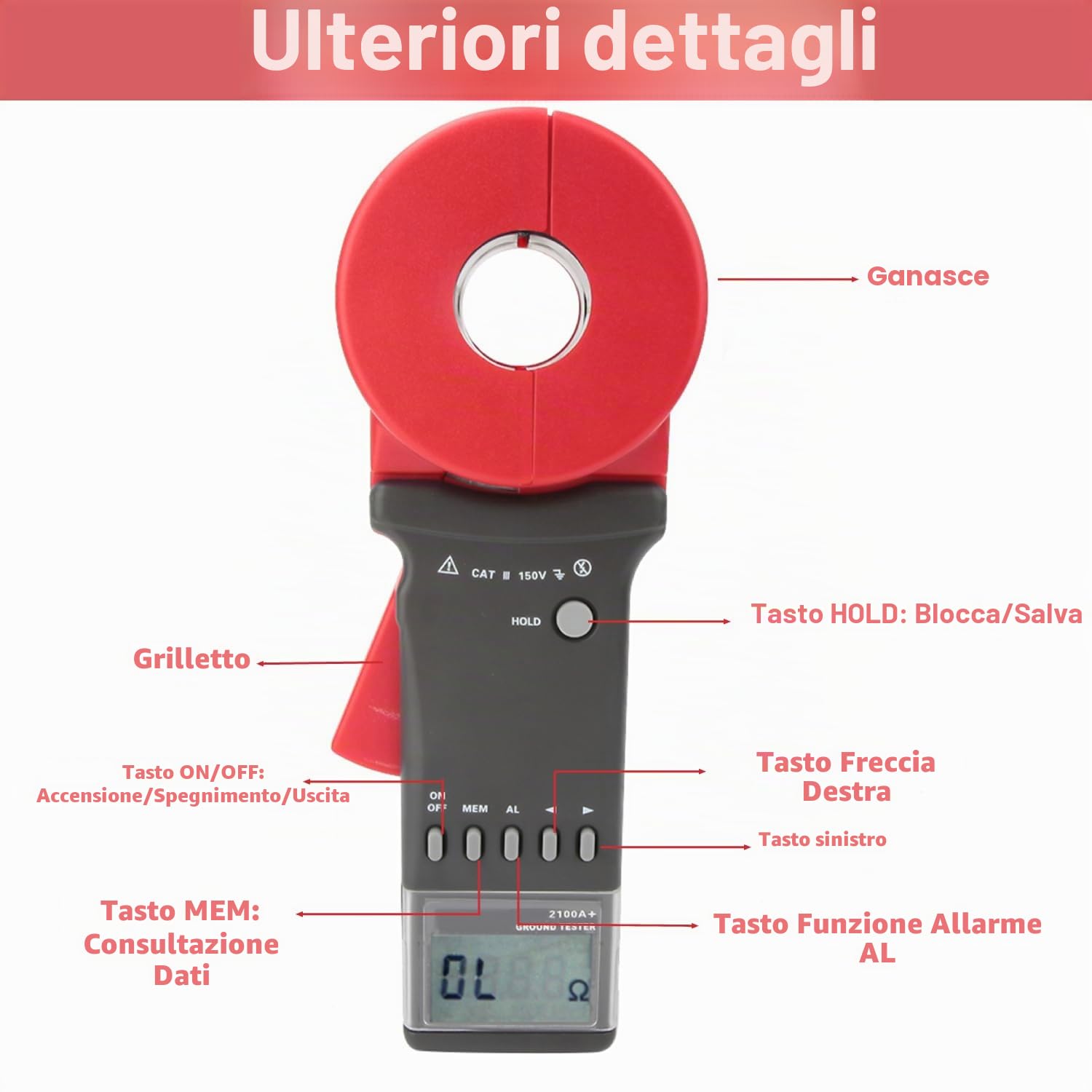 Pinza Amperometrica Digitale ETCR2100A+, Misuratore di Resistenza di Terra a Pinza con Display LCD, Tester di Resistenza 0,01-200Ω (Bocca Rotonda)