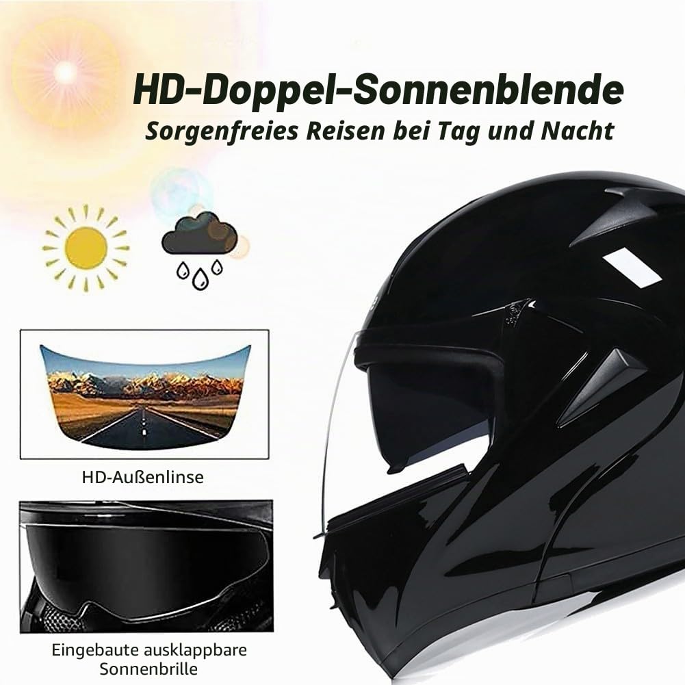 Klapphelm mit Bluetooth, Integriert Motorradhelm, ECE Zertifiziert Integralhelm mit Doppelvisier, mit Eingebautem Mikrofon für Automatische Reaktion, für Männer und Frauen XS~XL