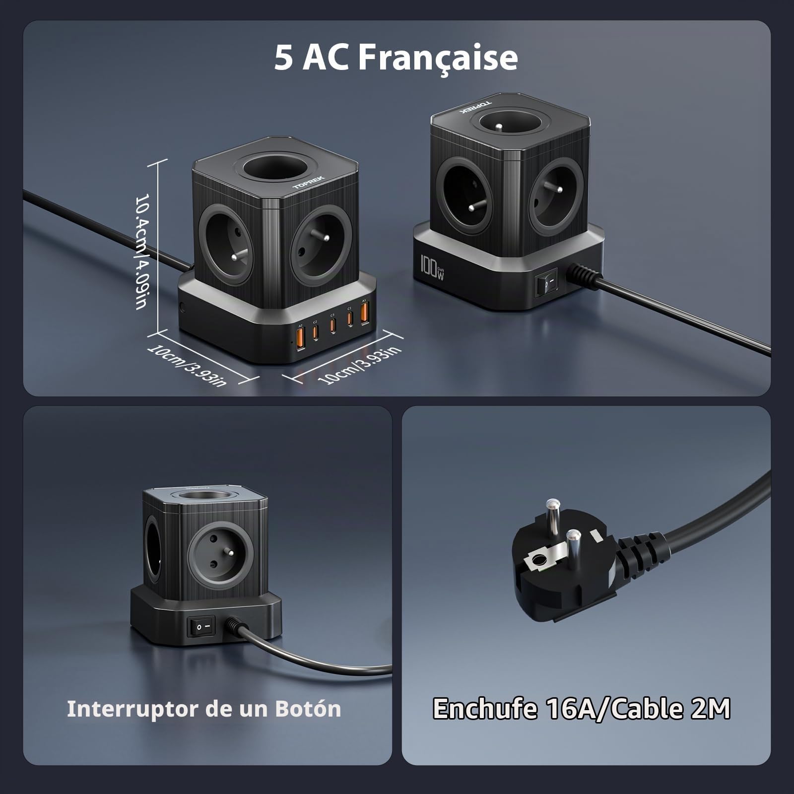 TOPREK Regleta Enchufe de 100W PD3.0 USB-C en Forma de Cubo, Cable alargador de 5 vías (16A/4000W) con Enchufe múltiple y Seguridad para niños, Cable alargador de 2m, Torre de alimentación FR
