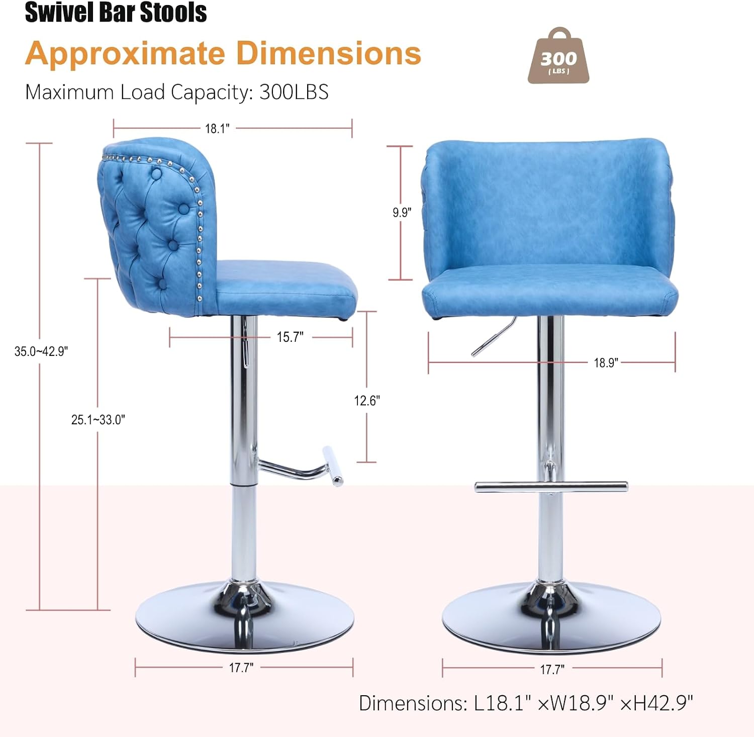 Adjustable Height Bar Stools Set of 2, Swivel Barstools with Button Tufted Backrest and Chrome Metal Base,PU Leather Upholstered Kitchen Island Chairs for Pub, and Counter(Blue,2 PCS)