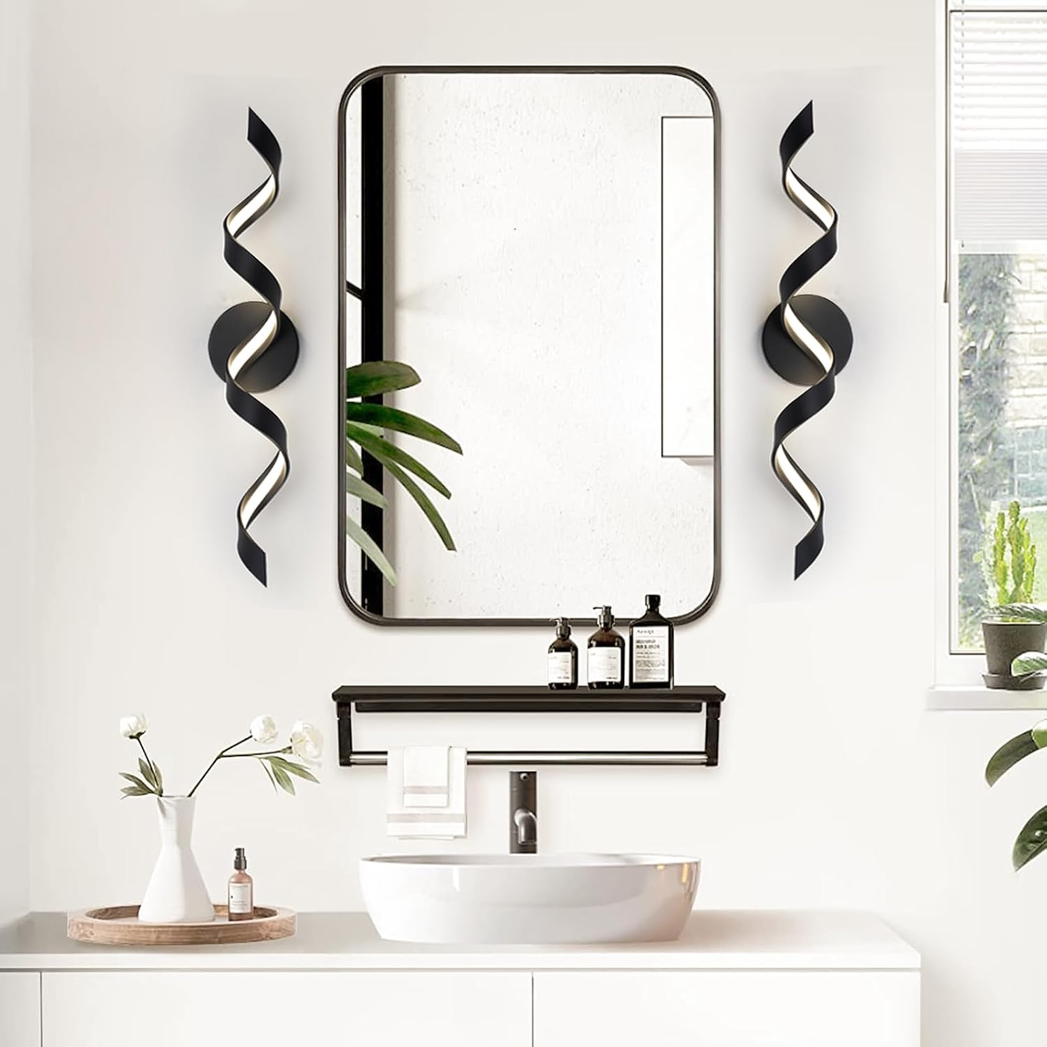 LED Modern Bathroom Vanity Light Fixtures, 24 inch Matte Black Wall Lamp Bedroom 4000K, Spiral Design Wall Sconce for Mirror, Living Room, Bedroom, Hallway 15W