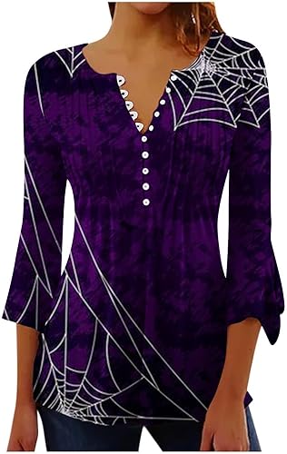 symoid Camisas de Halloween para mujer, manga 34, con botones, cuello en V, divertido gráfico de calabaza, plisadas, bohemias, camisas elegantes