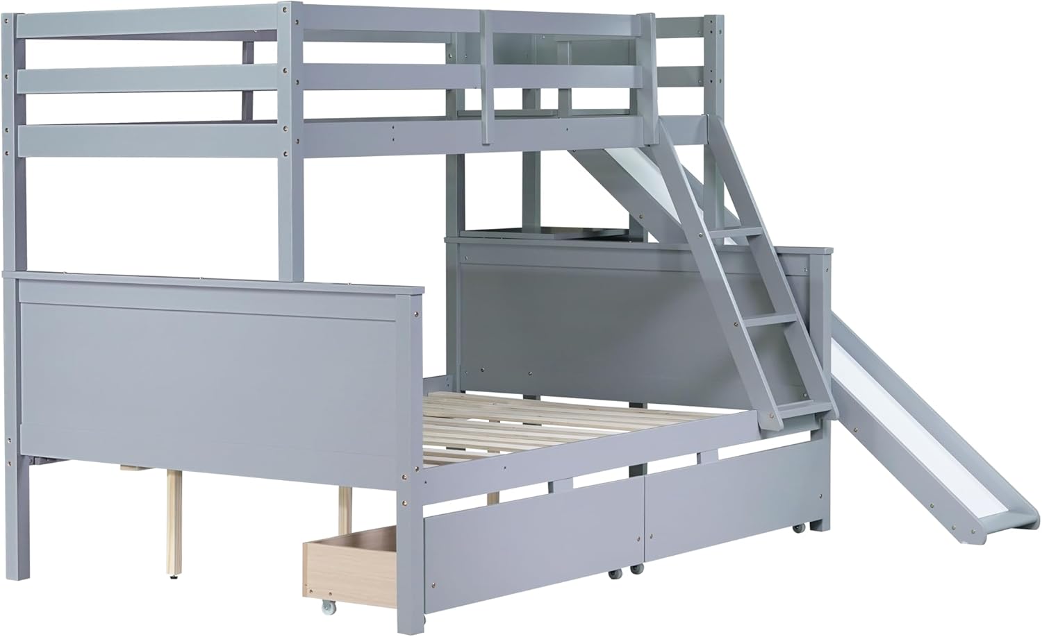 Twin Over Full Bunk Bed with Slide & 2 Drawers for Boys,Girls Bedroom,Rubber Wood Bed Frame W/Storage Shelves for Adult,Teenagers,No Box Spring Needed, Grey