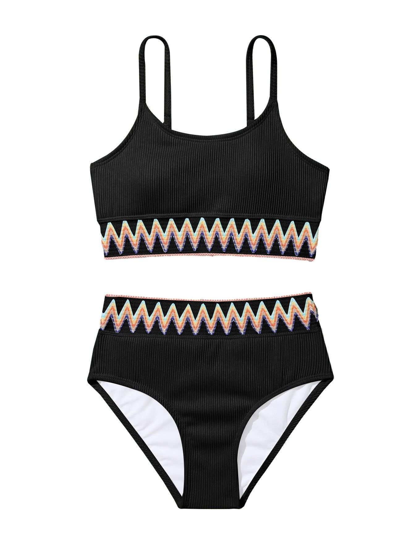 High Waisted Tummy Control Bikini Swimsuit Set 2 Piece, Chevron Black, L