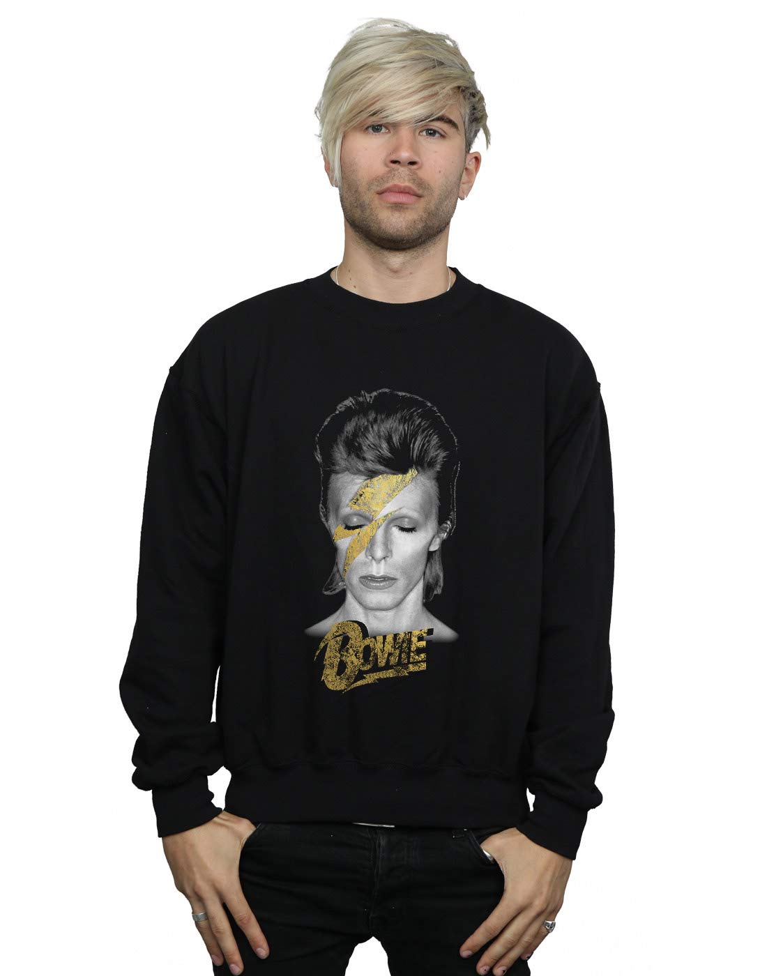 Absolute Cult Men's Black David Bowie Aladdin Sane Gold Bolt Sweatshirt Medium