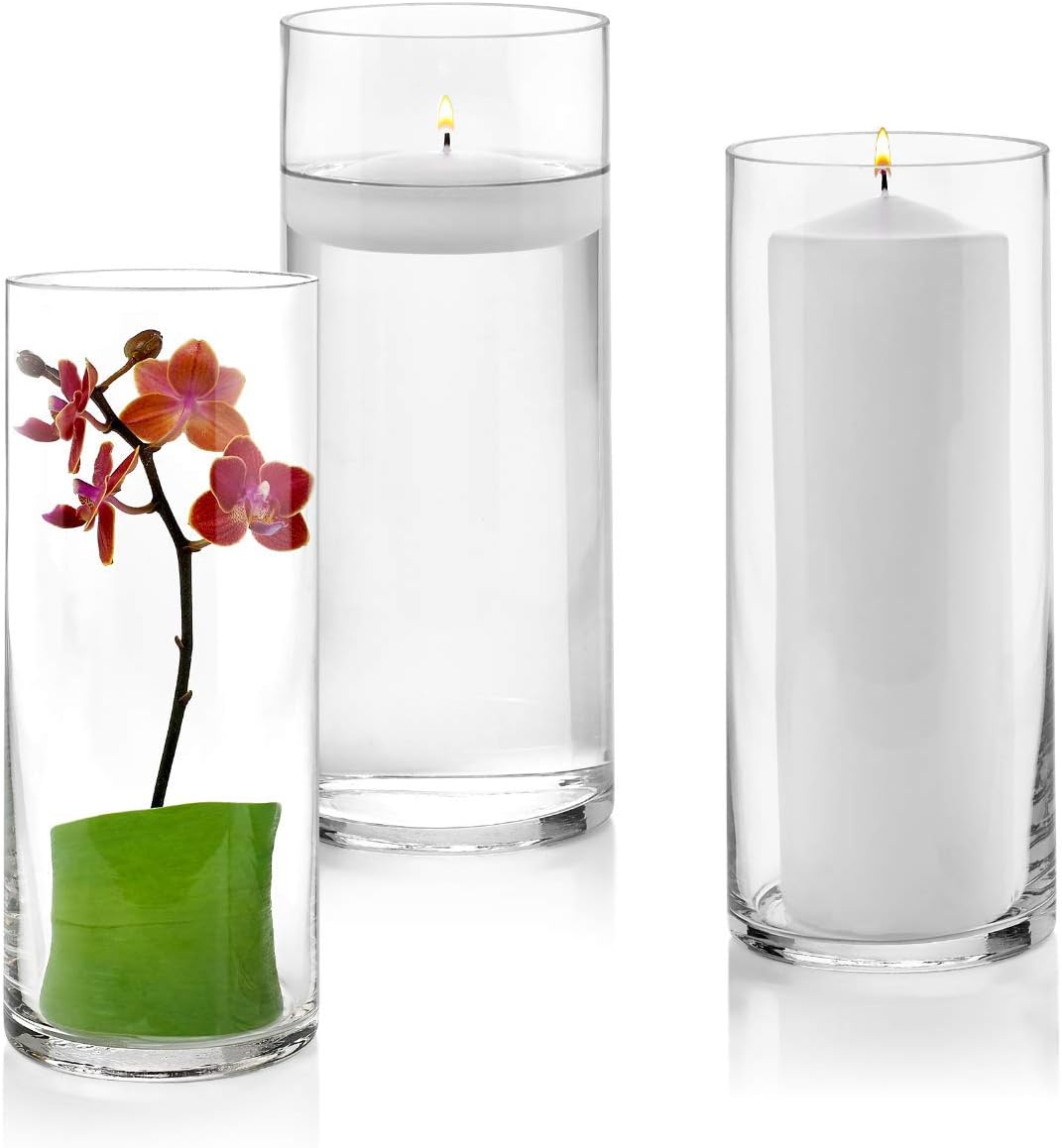 Set of 3 Glass Cylinder Vases 10 Inch Tall - Multi-use: Pillar Candle, Floating Candles Holders or Flower Vase – Perfect as a Wedding Centerpieces