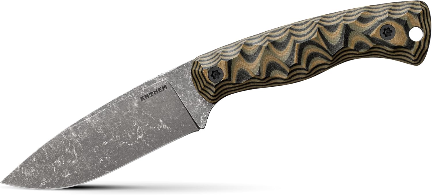 Anthem Knives No. 76: Fixed Blade Knife, 52100 Steel Drop Point, Large EDC Hunting Knife with Kydex Sheath for Camping, Outdoor, Everyday Carry - Made in USA [Camo/Stonewash]