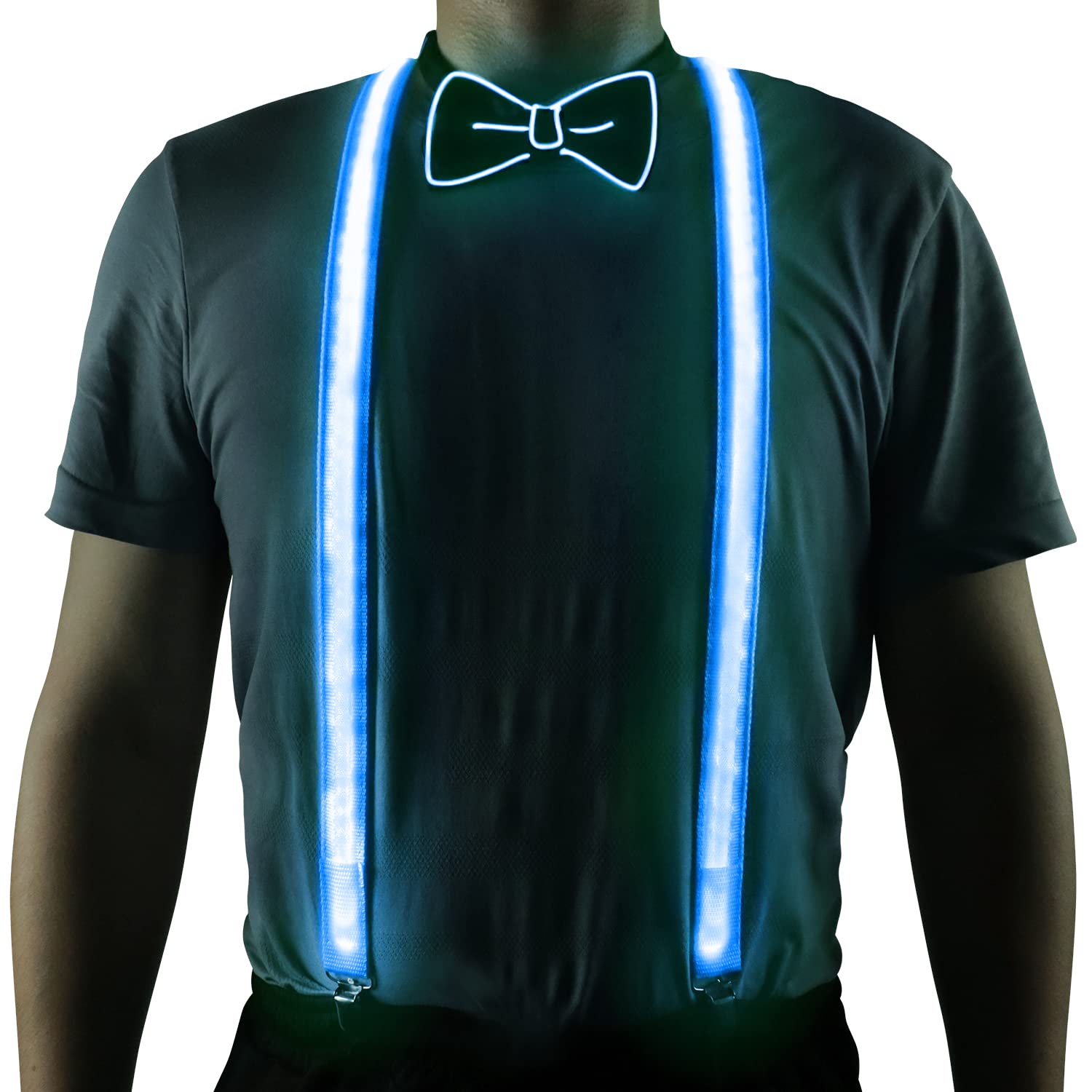 Lot de 2 bretelles lumineuses à LED et nœud papillon pour homme - Pour musique, festival, fête costumée d'Halloween