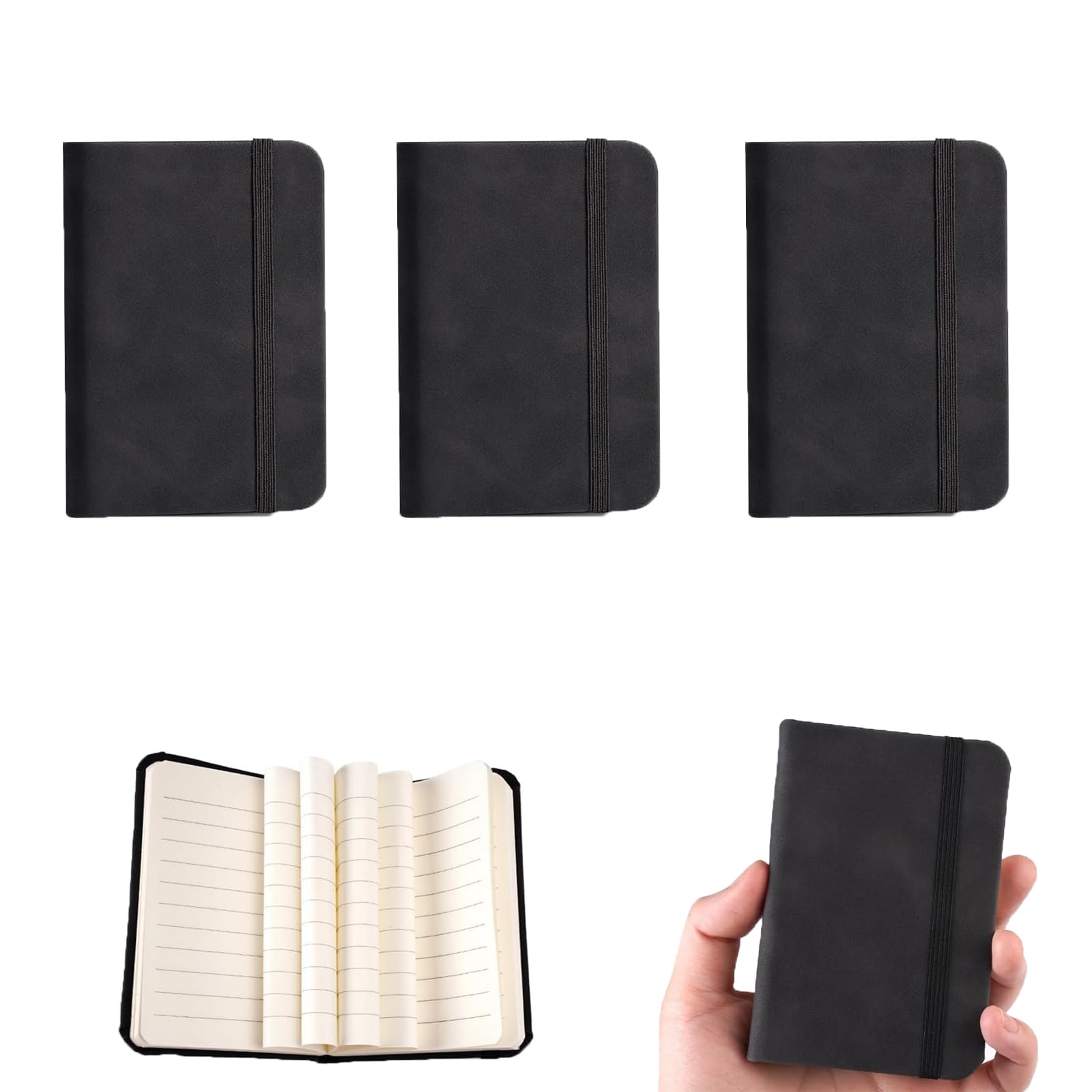 3 Pieces A7 Notebook Small Pocket Set, 8 × 11 cm PU Leather Waterproof Cover Pocket Notebook with Elastic Band, Acid-Free Ivory Paper, Portable A7 Notebooks for School Office Travel Journaling(Black)