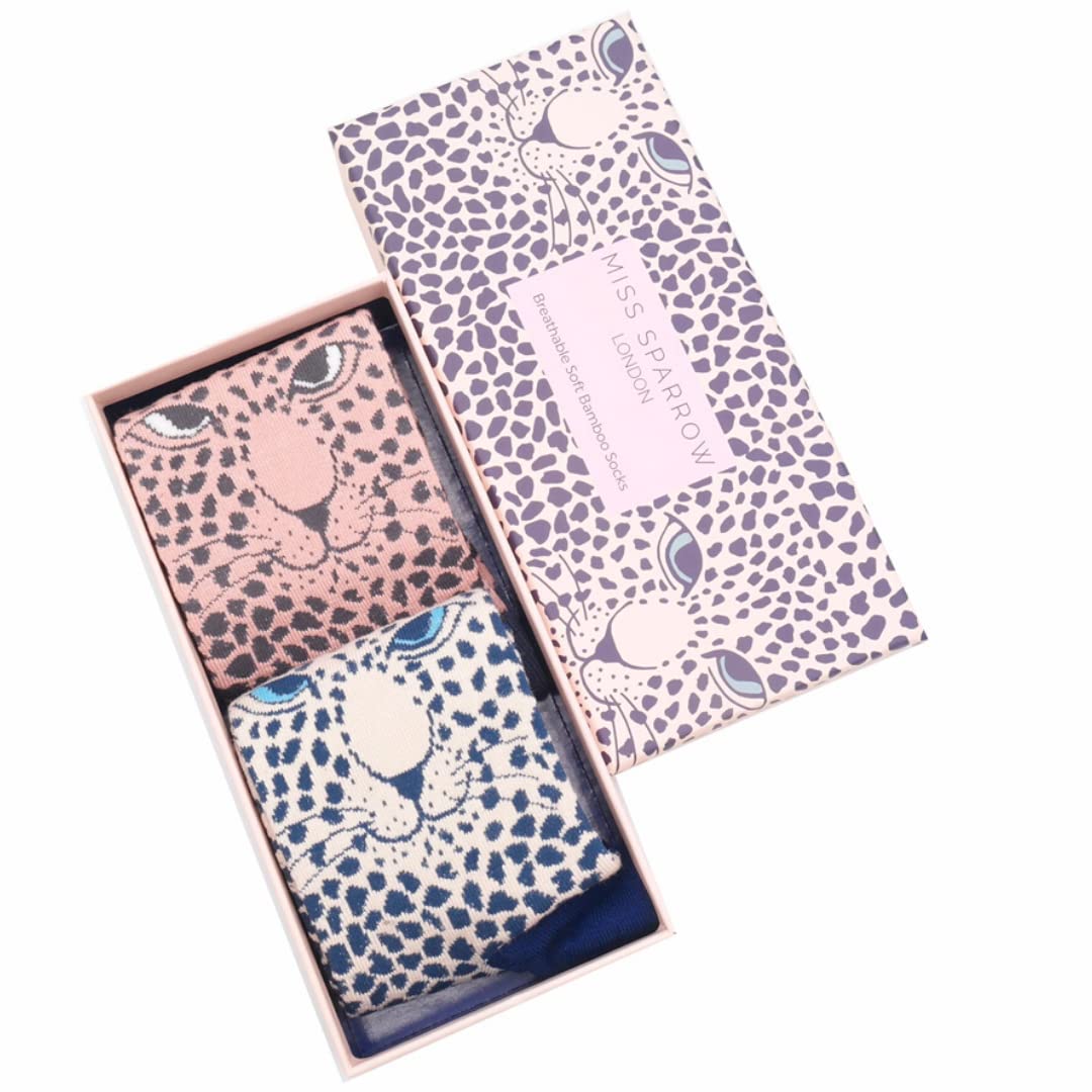 Lilyrosa Women's Multicolor Leopard Print Socks Cat Bamboo Socks 2 Pairs Gift Box