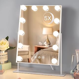 HIEEY Hollywood Vanity Mirror with 12 Dimmable Bulbs Lights, Three Color Lighting Modes, and 5X Magnification, Smart Touch Control, 360°Rotation (White,Gift Box) - Amazon product rated Grade A