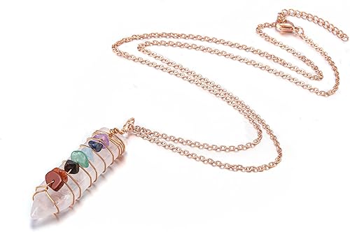 Miniatura 2 de GEHECRST Collar con colgante de punto de cuarzo transparente natural reiki de 7 chakras, piedras preciosas de cristal curativo de oro rosa, alambre