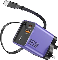 USB C Charger 65W GaN 3-Port Fast Charging Plug Built-in Retractable Cable (0.7m), Compatible with MacBook Pro/Air, iPhone 17 Pro/Air/16/15, iPad, Galaxy S25/S24, Steam Deck, etc