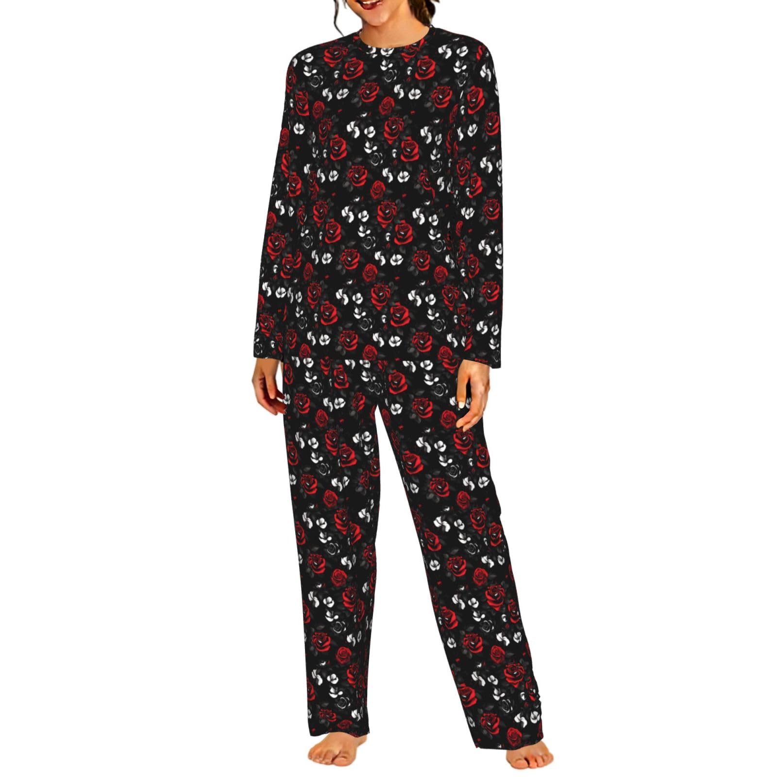 Pigiama da donna a maniche lunghe con stampa di rose bianche e rosse, morbido, da spiaggia, vacanze, da notte, regalo casual