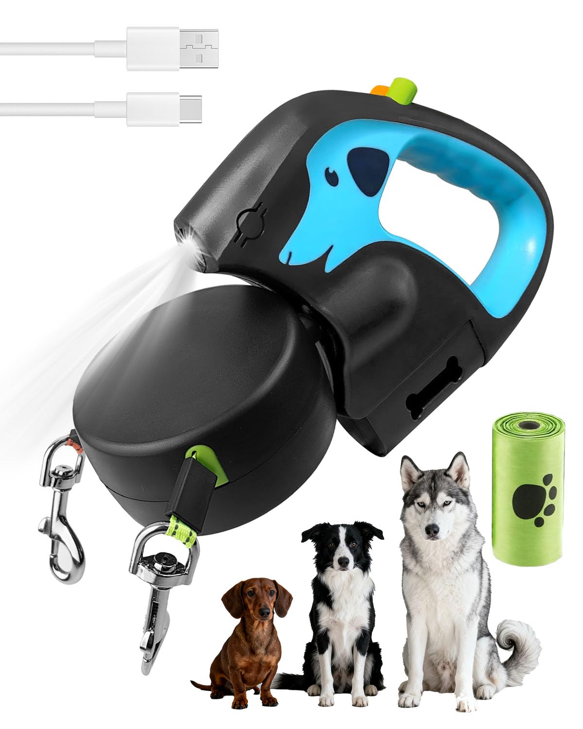 Laisse Double pour Chien Rétractable 3m, Rotation 360°, Promenade Facile pour 2 Chiens de Petite et Moyenne Taille, Poignée Antidérapante, Anti-Nœuds, LED et Distributeur de Sacs à Déchets, Bleu