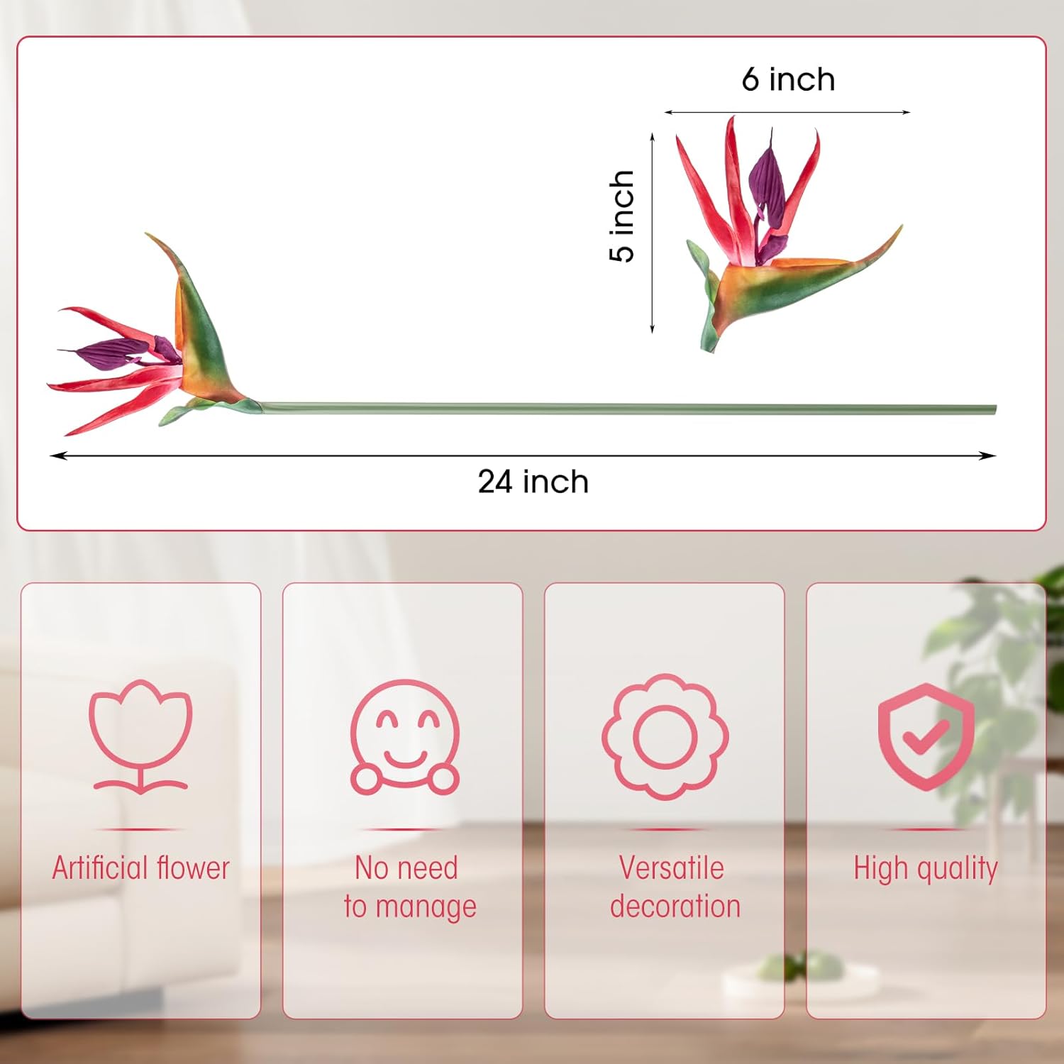 Hanaive 12 Pcs Bird of Paradise Artificial Plant 24 Inches Hawaiian Tropical Flowers Fake Rubber Strelitzia Faux Flowers Bouquet for Home Garden Office Wedding Indoor Outside Party Decor DIY (Pink) - Image 2