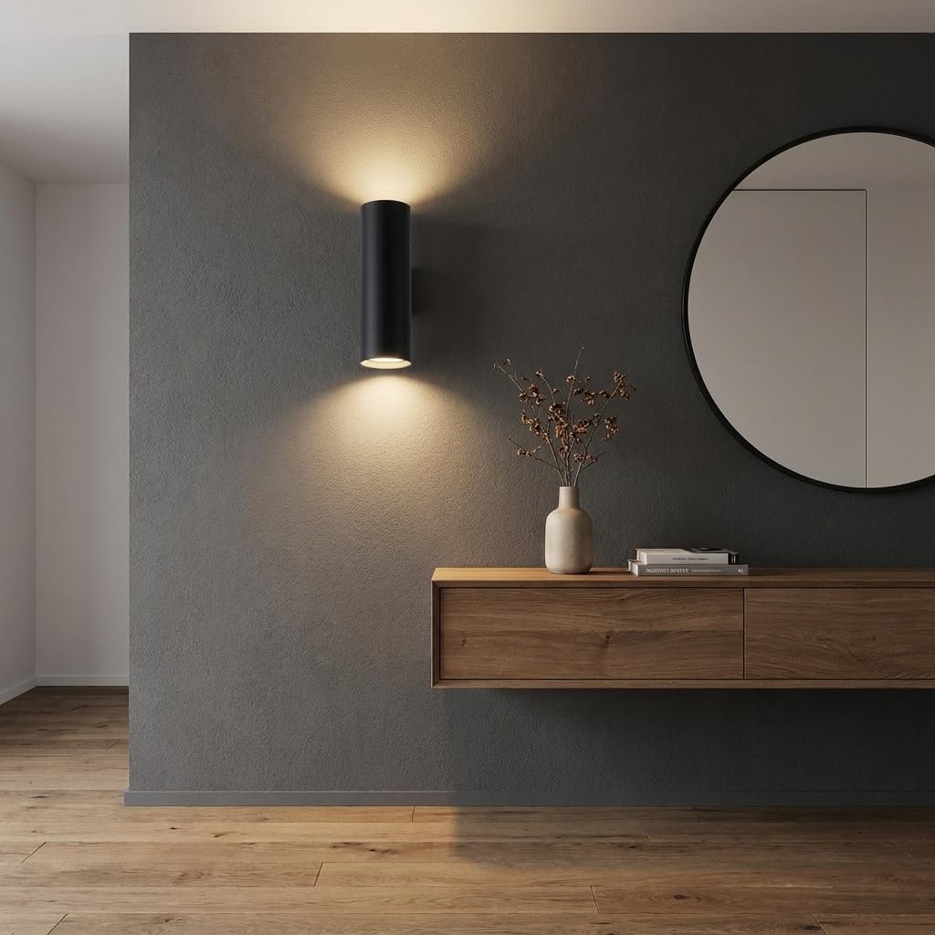 Alpinaluz Applique da Parete Up & Down con 2 Attacchi GU10, Design Cilindrico in Metallo, Lampada Decorativa da Interno per Corridoio, Camera e Soggiorno, IP20 (Nero)