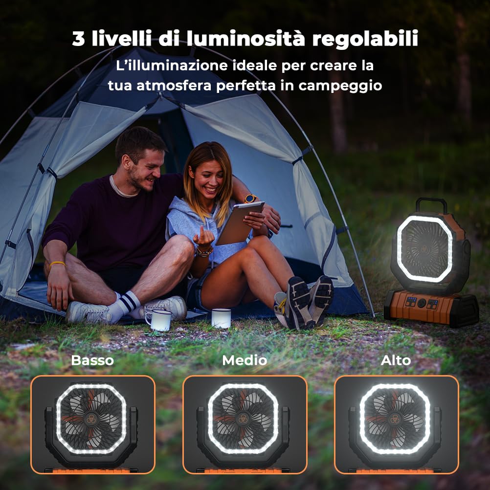 Ventilatore da Campeggio 20000mAh, Ventilatore Portatile Ricaricabile con Luce LED e Telecomando, 4 Velocità Regolabili con Gancio 360° per Tenda, Viaggi