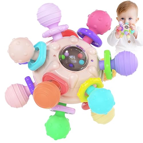 Cerberus Mordedor de silicona para bebés, juguetes sensoriales Montessori, 0-12 meses, rosa y multicolor, juguetes de dentición para bebés