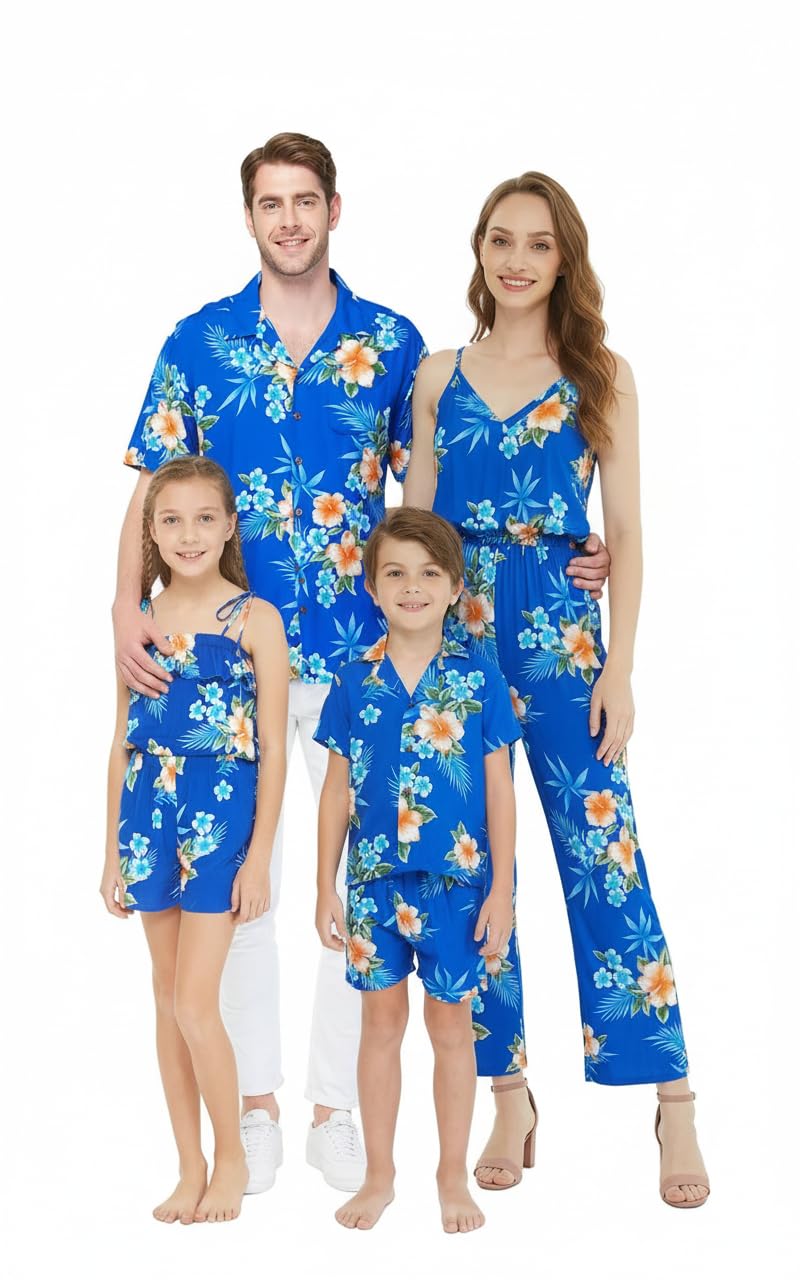 Matchable Family Hawaiian Luau Men Women Girl Boy Clothes in Hibiscus Blue