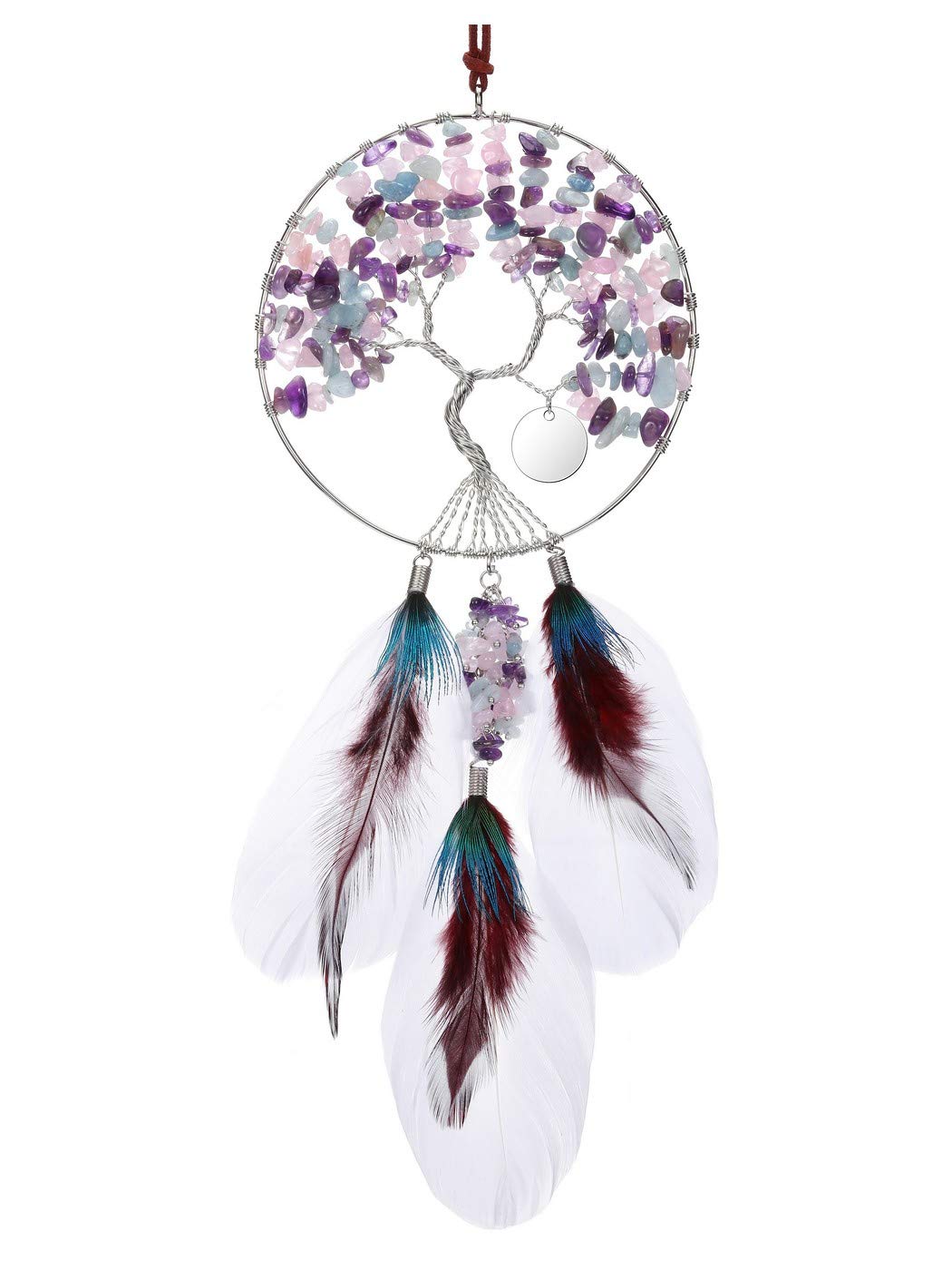 CrystalTears 7 Chakren Lebensbaum Fensterdeko Hängend Handgefertigt Wire Wrap Trommelsteine Baum des Lebensbaum Feng Shui Deko Edelstein Traumfänger(Amethyst/Rosenquarz/Aquamarin)