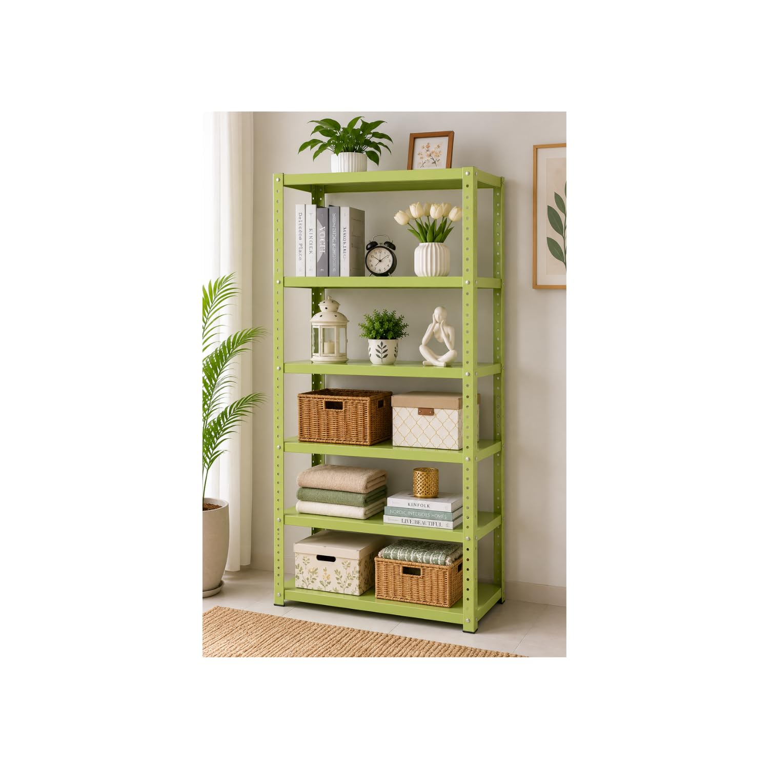 Modern Metal Storage Rack Shelf for Home Decor, Living Room Office Heavy Duty Multi-Purpose Organizer,Plant Stand & Display Rack 4/5/6 Shelf Optionsbin (Pista, Large 60H-24L-12W INCH 6 shelf)-image-35